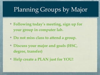 Planning Groups by Major

Following today’s meeting, sign up for
your group in computer lab.

Do not miss class to attend a group.

Discuss your major and goals (HSC,
degree, transfer)

Help create a PLAN just for YOU!
 