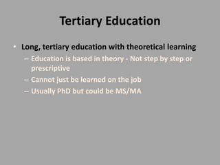 Tertiary Education
• Long, tertiary education with theoretical learning
   – Education is based in theory - Not step by step or
     prescriptive
   – Cannot just be learned on the job
   – Usually PhD but could be MS/MA
 