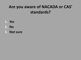 Are you aware of NACADA or CAS'
            standards?

1. Yes
2. No
3. Not sure
 