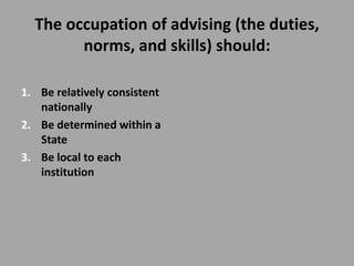 The occupation of advising (the duties,
        norms, and skills) should:

1. Be relatively consistent
   nationally
2. Be determined within a
   State
3. Be local to each
   institution
 