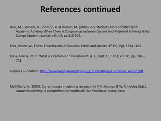 References continued
Hale, M., Graham, D., Johnson, D. & Donald, M. (2009). Are Students More Satisfied with
    Academic Advising When There is Congruence between Current and Preferred Advising Styles.
    College Student Journal, v43, n2, pp 313-324.

Kolb, Robert W., Editor. Encyclopedia of Business Ethics and Society, 4th Ed., Pgs. 1694-1696

Klass, Alan A., M.D., What is a Profession? Canadian M. A. J., Sept. 16, 1961, vol. 85, pp. 698 –
    701.

Lumina Foundation: http://www.luminafoundation.org/publications/A_stronger_nation.pdf



McGillin, V. A. (2000). Current issues in advising research. In V. N. Gordon & W. R. Habley (Eds.),
   Academic advising: A comprehensive handbook: San Francisco: Jossey-Bass.
 