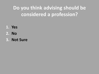 Do you think advising should be
      considered a profession?

1. Yes
2. No
3. Not Sure
 