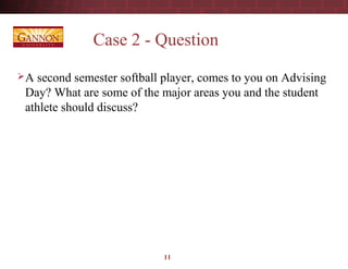 11
Case 2 - Question
A second semester softball player, comes to you on Advising
Day? What are some of the major areas you and the student
athlete should discuss?
 