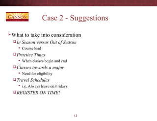 12
Case 2 - Suggestions
What to take into consideration
In Season versus Out of Season
 Course load
Practice Times
 When classes begin and end
Classes towards a major
 Need for eligibility
Travel Schedules
 i.e. Always leave on Fridays
REGISTER ON TIME!
 