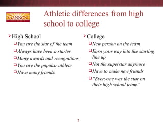 2
Athletic differences from high
school to college
High School
You are the star of the team
Always have been a starter
Many awards and recognitions
You are the popular athlete
Have many friends
College
New person on the team
Earn your way into the starting
line up
Not the superstar anymore
Have to make new friends
“Everyone was the star on
their high school team”
 