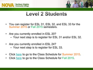 • You can register for ESL 31, ESL 32, and ESL 33 for the
Summer 2015 or Fall 2015 semesters.
• Are you currently enrolled in ESL 20?
– Your next step is to register for ESL 31 and/or ESL 32.
• Are you currently enrolled in ESL 24?
– Your next step is to register for ESL 33.
• Click here to go to the Class Schedule for Summer 2015.
• Click here to go to the Class Schedule for Fall 2015.
 