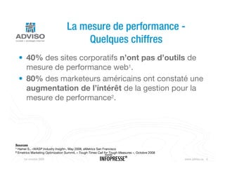 La mesure de performance -
                                        Quelques chiffres
  • 40% des sites corporatifs n’ont pas d’outils de
    mesure de performance web1.
  • 80% des marketeurs américains ont constaté une
    augmentation de l’intérêt de la gestion pour la
    mesure de performance2.




Sources
1 Hamel S., «WASP Industry Insight», May 2008, eMetrics San Francisco
2 Emetrics Marketing Optimization Summit, « Tough Times Call for Tough Measures », Octobre 2008


     1er octobre 2009                                    Nouveaux outils Web                      www.adviso.ca 4
 