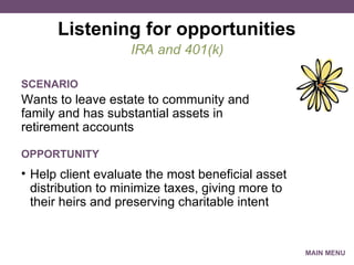 Listening for opportunities Wants to leave estate to community and family and has substantial assets in retirement accounts  IRA and 401(k) SCENARIO Help client evaluate the most beneficial asset distribution to minimize taxes, giving more to their heirs and preserving charitable intent OPPORTUNITY MAIN MENU 