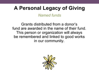 A Personal Legacy of Giving Grants distributed from a donor’s fund are awarded in the name of their fund. This person or organization will always be remembered and linked to good works in our community. Named funds 