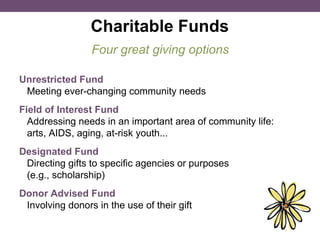 Charitable Funds Unrestricted Fund Meeting ever-changing community needs Field of Interest Fund Addressing needs in an important area of community life: arts, AIDS, aging, at-risk youth... Designated Fund Directing gifts to specific agencies or purposes (e.g., scholarship) Donor Advised Fund Involving donors in the use of their gift Four great giving options 