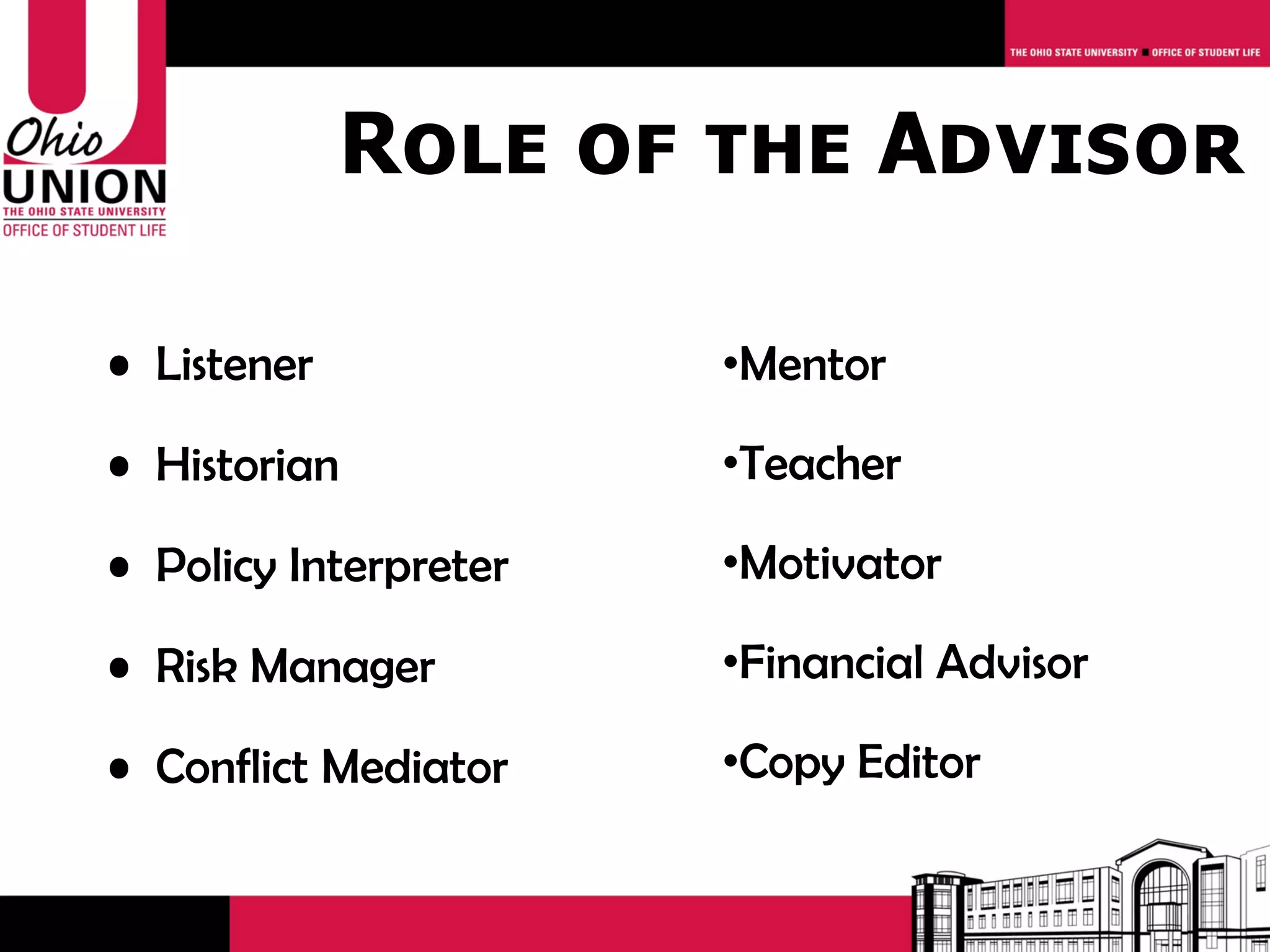 Role of the Advisor

• Listener             •Mentor

• Historian            •Teacher

• Policy Interpreter   •Motivator

• Risk Manager         •Financial Advisor

• Conflict Mediator    •Copy Editor
 
