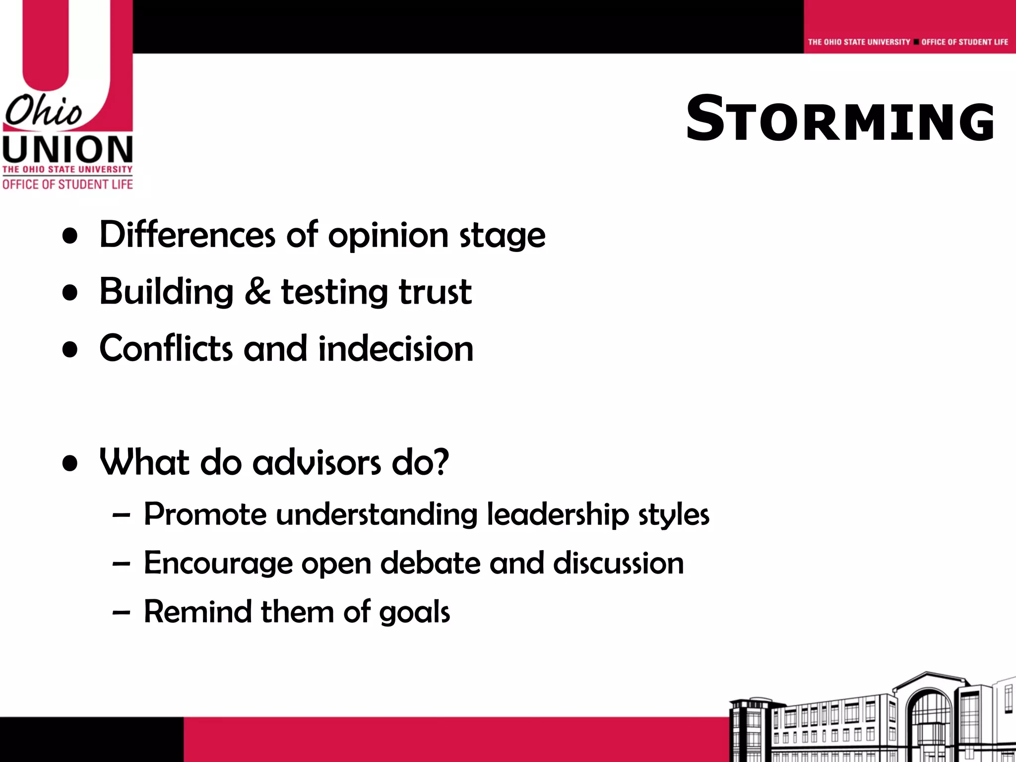 Storming
• Differences of opinion stage
• Building & testing trust
• Conflicts and indecision

• What do advisors do?
   – Promote understanding leadership styles
   – Encourage open debate and discussion
   – Remind them of goals
 