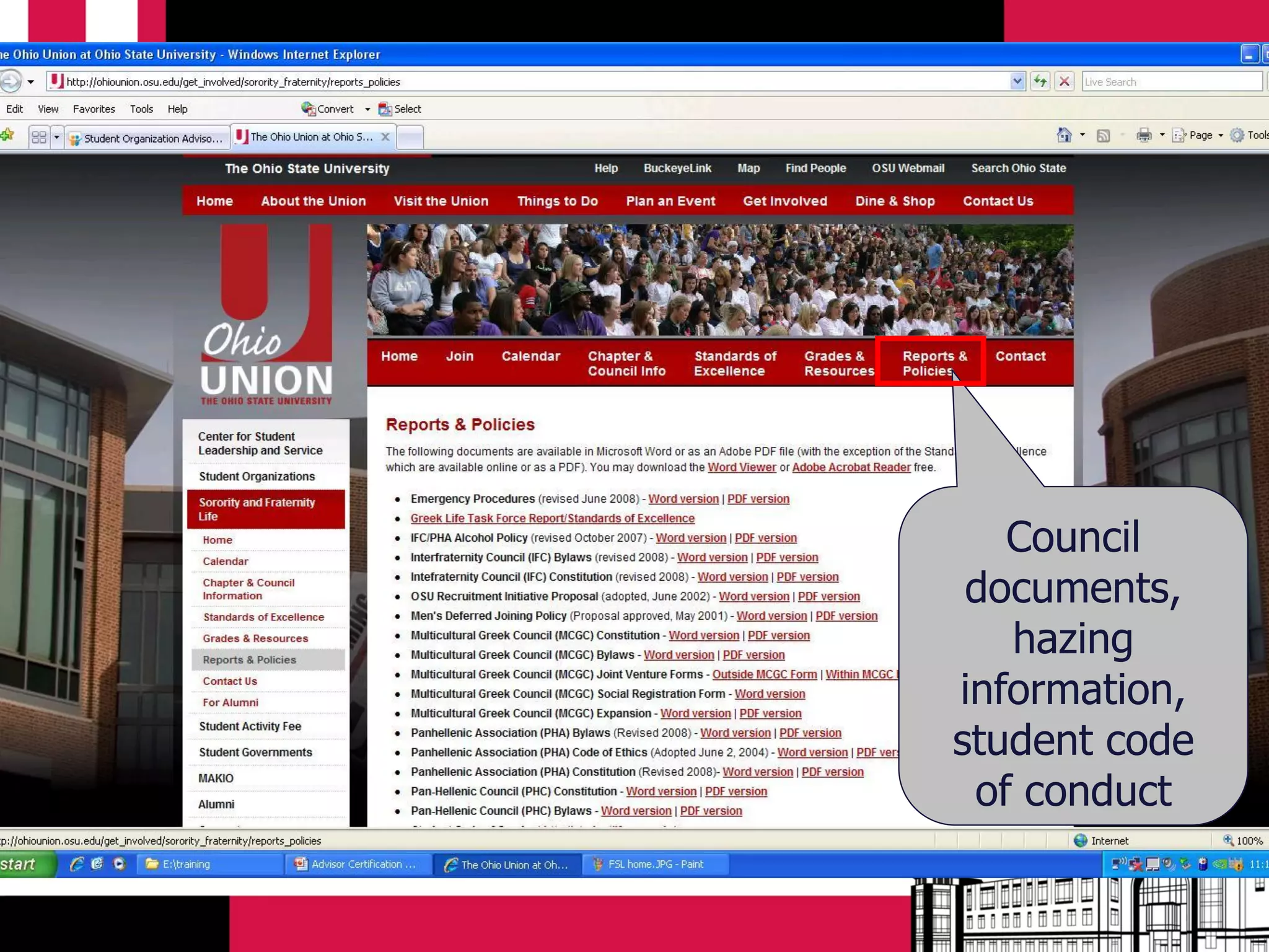 Council
 documents,
   hazing
information,
student code
 of conduct
 