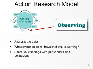 Action Research Model 
• Analysis the data 
• What evidence do mI have that this is working? 
• Share your findings with participants and 
colleagues 
 