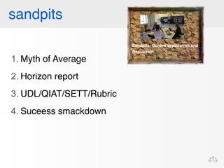 sandpits 
1. Myth of Average 
2. Horizon report 
3. UDL/QIAT/SETT/Rubric 
4. Suceess smackdown 
 