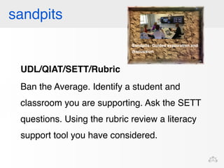 sandpits 
UDL/QIAT/SETT/Rubric 
Ban the Average. Identify a student and 
classroom you are supporting. Ask the SETT 
questions. Using the rubric review a literacy 
support tool you have considered. 
 