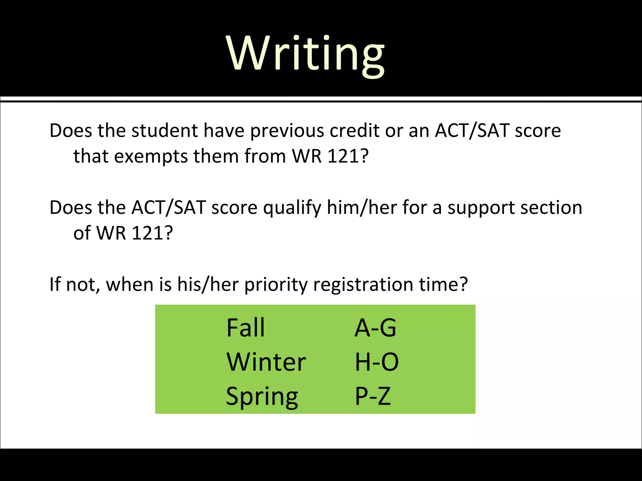 Writing
Does the student have previous credit or an ACT/SAT score
  that exempts them from WR 121?

Does the ACT/SAT score qualify him/her for a support section
  of WR 121?

If not, when is his/her priority registration time?

                     Fall            A-G
                     Winter          H-O
                     Spring          P-Z
 