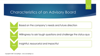 Characteristics of an Advisory Board
11
Copyright © 2021 Conceptlogic | www.conceptlogic.ca
Experience
Based on the company’s needs and future direction
Abilities
Willingness to ask tough questions and challenge the status-quo
Value
Insightful, resourceful and impactful
 