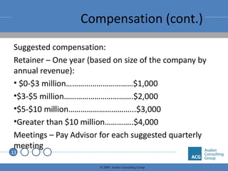 Compensation (cont.) Suggested compensation: Retainer – One year (based on size of the company by annual revenue): $0-$3 million……………………………$1,000 $3-$5 million…………………………….$2,000 $5-$10 million…………………………...$3,000 Greater than $10 million…………..$4,000 Meetings – Pay Advisor for each suggested quarterly meeting 