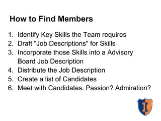 How to Find Members
1. Identify Key Skills the Team requires
2. Draft "Job Descriptions" for Skills
3. Incorporate those Skills into a Advisory
   Board Job Description
4. Distribute the Job Description
5. Create a list of Candidates
6. Meet with Candidates. Passion? Admiration?
 