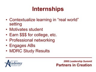 Internships Contextualize learning in “real world” setting Motivates student Earn $$$ for college, etc. Professional networking Engages ABs  MDRC Study Results 2008 Leadership Summit Partners in Creation 