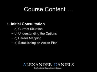 Course Content …
1. Initial Consultation
– a) Current Situation
– b) Understanding the Options
– c) Career Mapping
– d) Establishing an Action Plan
 