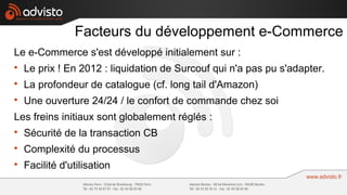Facteurs du développement e-Commerce
Le e-Commerce s'est développé initialement sur :

    Le prix ! En 2012 : liquidation de Surcouf qui n'a pas pu s'adapter.

    La profondeur de catalogue (cf. long tail d'Amazon)

    Une ouverture 24/24 / le confort de commande chez soi
Les freins initiaux sont globalement réglés :

    Sécurité de la transaction CB

    Complexité du processus

    Facilité d'utilisation
 