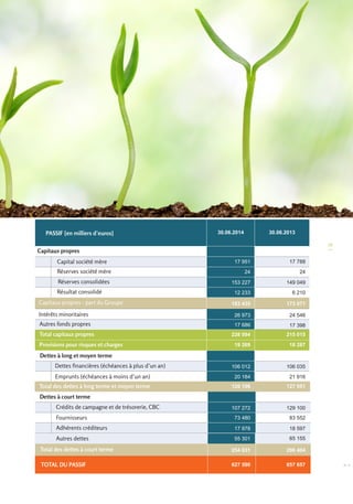 35 
Capitaux propres 
PASSIF [en milliers d’euros] 30.06.2014 30.06.2013 
Capital société mère 
Réserves société mère 
Résultat consolidé 
Capitaux propres - part du Groupe 
Dettes à long et moyen terme 
Dettes financières (échéances à plus d’un an) 
Réserves consolidées 
Emprunts (échéances à moins d’un an) 
Dettes à court terme 
Autres dettes 
Fournisseurs 
Crédits de campagne et de trésorerie, CBC 
Total capitaux propres 
Intérêts minoritaires 
Autres fonds propres 
Provisions pour risques et charges 
Total des dettes à court terme 
17 788 
24 
149 049 
6 210 
173 071 
24 546 
17 398 
215 015 
18 287 
106 035 
21 916 
129 100 
83 552 
18 597 
296 404 
17 951 
24 
153 227 
12 233 
183 435 
26 973 
17 686 
228 094 
19 269 
106 012 
20 184 
107 272 
73 480 
17 978 
254 031 
Adhérents créditeurs 
55 301 65 155 
Total des dettes à long terme et moyen terme 126 196 127 951 
TOTAL DU PASSIF 627 590 657 657 = == = 
 