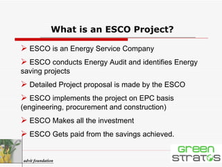 What is an ESCO Project? ESCO is an Energy Service Company ESCO conducts Energy Audit and identifies Energy saving projects Detailed Project proposal is made by the ESCO  ESCO implements the project on EPC basis (engineering, procurement and construction) ESCO Makes all the investment ESCO Gets paid from the savings achieved. advit foundation 