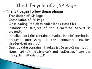  The JSP pages follow these phases:
◦ Translation of JSP Page
◦ Compilation of JSP Page
◦ Classloading (the classloader loads class file)
◦ Instantiation (Object of the Generated Servlet is
created).
◦ Initialization ( the container invokes jspInit() method).
◦ Request processing ( the container invokes
_jspService() method).
◦ Destroy ( the container invokes jspDestroy() method).
◦ Note: jspInit(), _jspService() and jspDestroy() are the
life cycle methods of JSP.
 