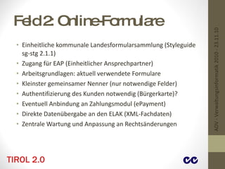 Feld 2: Online-Formulare Einheitliche kommunale Landesformularsammlung (Styleguide sg-stg 2.1.1) Zugang für EAP (Einheitlicher Ansprechpartner) Arbeitsgrundlagen: aktuell verwendete Formulare Kleinster gemeinsamer Nenner (nur notwendige Felder) Authentifizierung des Kunden notwendig (Bürgerkarte)? Eventuell Anbindung an Zahlungsmodul (ePayment) Direkte Datenübergabe an den ELAK (XML-Fachdaten) Zentrale Wartung und Anpassung an Rechtsänderungen ADV - Verwaltungsinformatik 2010 - 23.11.10 