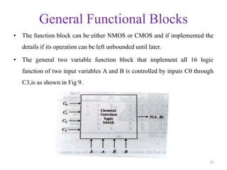 General Functional Blocks
• The function block can be either NMOS or CMOS and if implemented the
details if its operation can be left unbounded until later.
• The general two variable function block that implement all 16 logic
function of two input variables A and B is controlled by inputs C0 through
C3,is as shown in Fig 9.
13
 