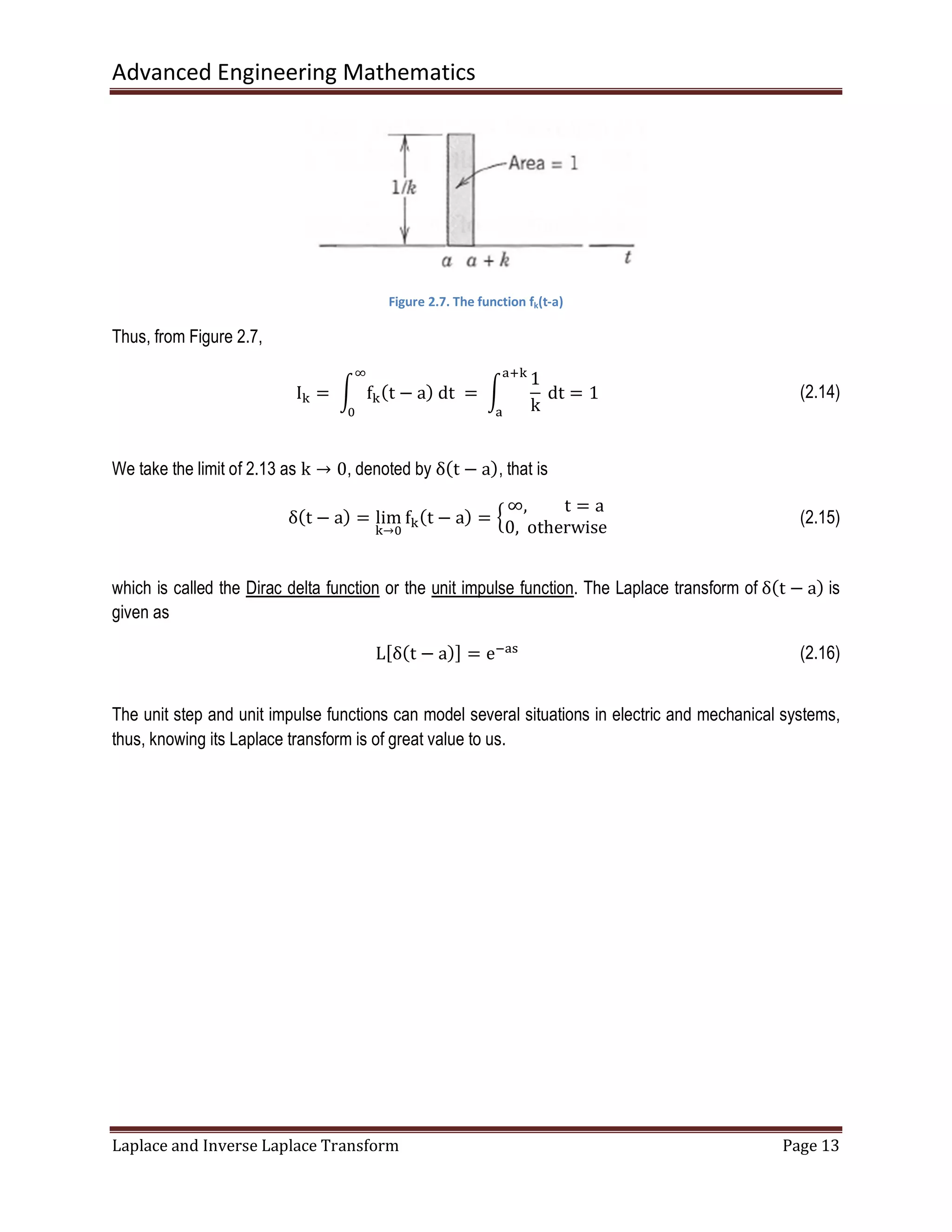 Advanced Engineering Mathematics
Laplace and Inverse Laplace Transform Page 13
Figure 2.7. The function fk(t-a)
Thus, from Figure 2.7,
I୩ = 	න f୩ሺt − aሻ	dt	
ஶ
଴
=	න
1
k
	dt
ୟା୩
ୟ
= 1 (2.14)
We take the limit of 2.13 as k → 0, denoted by δሺt − aሻ, that is
δሺt − aሻ = lim
୩→଴
f୩ሺt − aሻ = ቄ
∞, t = a
0,		otherwise
(2.15)
which is called the Dirac delta function or the unit impulse function. The Laplace transform of δሺt − aሻ is
given as
Lሾδሺt − aሻሿ = eିୟୱ (2.16)
The unit step and unit impulse functions can model several situations in electric and mechanical systems,
thus, knowing its Laplace transform is of great value to us.
 