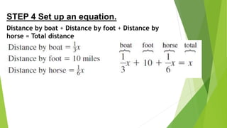 STEP 4 Set up an equation.
Distance by boat + Distance by foot + Distance by
horse = Total distance
 