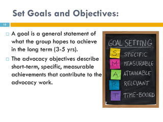 Set Goals and Objectives:
15


    A goal is a general statement of
     what the group hopes to achieve
     in the long term (3-5 yrs).
    The advocacy objectives describe
     short-term, specific, measurable
     achievements that contribute to the
     advocacy work.
 