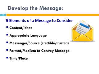 Develop the Message:
18


     5 Elements of a Message to Consider
      Content/Ideas
      Appropriate Language
      Messenger/Source (credible/trusted)
      Format/Medium to Convey Message
      Time/Place
 