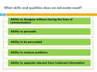 What skills and qualities does an advocate need?
26


        Ability to disagree without closing the lines of
        communication

        Ability to persuade


        Ability to be persuaded


        Ability to analyse problems


        Ability to separate relevant from irrelevant information
 