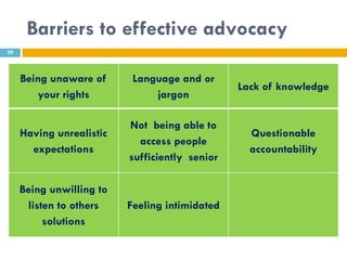 Barriers to effective advocacy
29



     Being unaware of      Language and or
                                                Lack of knowledge
        your rights            jargon

                          Not being able to
     Having unrealistic                           Questionable
                            access people
       expectations                               accountability
                          sufficiently senior

     Being unwilling to
       listen to others   Feeling intimidated
           solutions
 