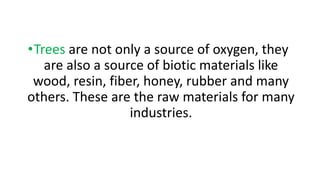 •Trees are not only a source of oxygen, they
are also a source of biotic materials like
wood, resin, fiber, honey, rubber and many
others. These are the raw materials for many
industries.
 