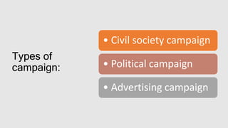 Types of
campaign:
• Civil society campaign
• Political campaign
• Advertising campaign
 