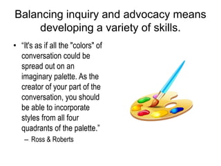 Balancing inquiry and advocacy means
developing a variety of skills.
• “It's as if all the "colors" of
conversation could be
spread out on an
imaginary palette. As the
creator of your part of the
conversation, you should
be able to incorporate
styles from all four
quadrants of the palette.”
– Ross & Roberts
 