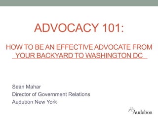 ADVOCACY 101:
HOW TO BE AN EFFECTIVE ADVOCATE FROM
YOUR BACKYARD TO WASHINGTON DC

Sean Mahar
Director of Government Relations
Audubon New York

 