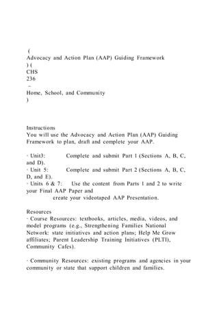 (
Advocacy and Action Plan (AAP) Guiding Framework
) (
CHS
236
–
Home, School, and Community
)
Instructions
You will use the Advocacy and Action Plan (AAP) Guiding
Framework to plan, draft and complete your AAP.
· Unit3: Complete and submit Part 1 (Sections A, B, C,
and D).
· Unit 5: Complete and submit Part 2 (Sections A, B, C,
D, and E).
· Units 6 & 7: Use the content from Parts 1 and 2 to write
your Final AAP Paper and
create your videotaped AAP Presentation.
Resources
· Course Resources: textbooks, articles, media, videos, and
model programs (e.g., Strengthening Families National
Network: state initiatives and action plans; Help Me Grow
affiliates; Parent Leadership Training Initiatives (PLTI),
Community Cafes).
· Community Resources: existing programs and agencies in your
community or state that support children and families.
 