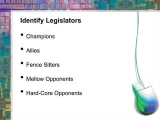 Identify Legislators Champions Allies Fence Sitters Mellow Opponents Hard-Core Opponents 