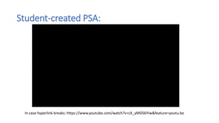 Student-created PSA:
In case hyperlink breaks: https://www.youtube.com/watch?v=cX_yMDS6YIw&feature=youtu.be
 