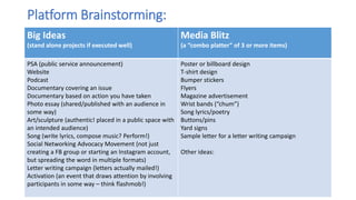 Platform Brainstorming:
Big Ideas
(stand alone projects if executed well)
Media Blitz
(a “combo platter” of 3 or more items)
PSA (public service announcement)
Website
Podcast
Documentary covering an issue
Documentary based on action you have taken
Photo essay (shared/published with an audience in
some way)
Art/sculpture (authentic! placed in a public space with
an intended audience)
Song (write lyrics, compose music? Perform!)
Social Networking Advocacy Movement (not just
creating a FB group or starting an Instagram account,
but spreading the word in multiple formats)
Letter writing campaign (letters actually mailed!)
Activation (an event that draws attention by involving
participants in some way – think flashmob!)
Poster or billboard design
T-shirt design
Bumper stickers
Flyers
Magazine advertisement
Wrist bands (“chum”)
Song lyrics/poetry
Buttons/pins
Yard signs
Sample letter for a letter writing campaign
Other ideas:
 