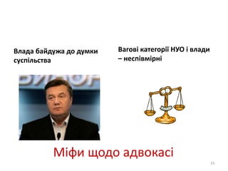 Влада байдужа до думки 
суспільства 
Вагові категорії НУО і влади 
– неспівмірні 
Міфи щодо адвокасі 
33 
 