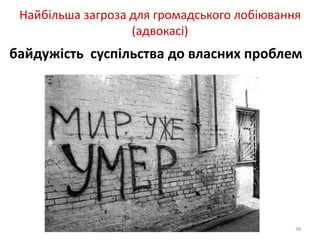 Найбільша загроза для громадського лобіювання 
(адвокасі) 
байдужість суспільства до власних проблем 
38 
 