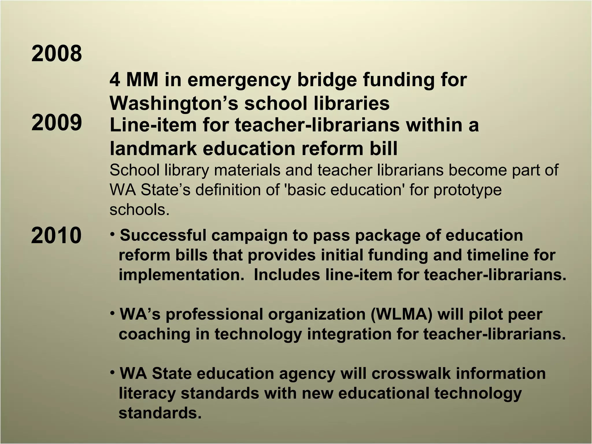 $4 MM in emergency bridge funding for Washington’s school libraries 2008 2009 2010 Line-item for teacher-librarians within a landmark education reform bill School library materials and teacher librarians become part of WA State’s definition of 'basic education' for prototype schools. Successful campaign to pass package of education  reform bills that provides initial funding and timeline for implementation.  Includes line-item for teacher-librarians. WA’s professional organization (WLMA) will pilot peer coaching in technology integration for teacher-librarians. WA State education agency will crosswalk information literacy standards with new educational technology standards.  
