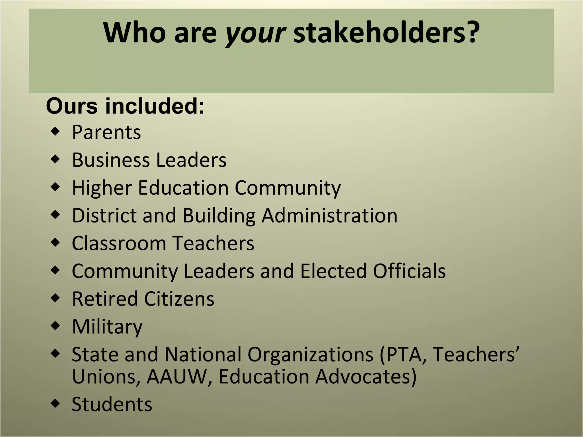 Who are  your  stakeholders? Parents Business Leaders  Higher Education Community District and Building Administration Classroom Teachers Community Leaders and Elected Officials Retired Citizens Military State and National Organizations (PTA, Teachers’ Unions, AAUW, Education Advocates) Students Ours included: 